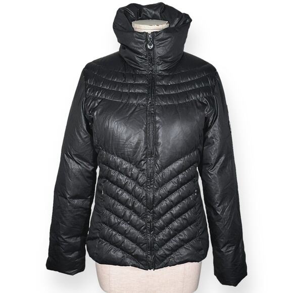 GUESS Puffer Jacket Biker Moto Down Feather Mockneck Gorpcore Chevron Black - Picture 2 of 15